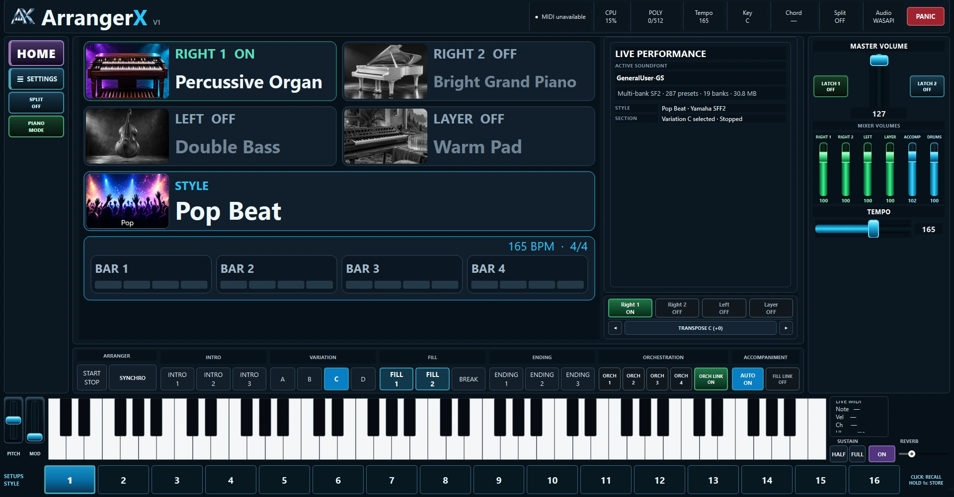Current ArrangerX Version 1 performance interface running on Windows