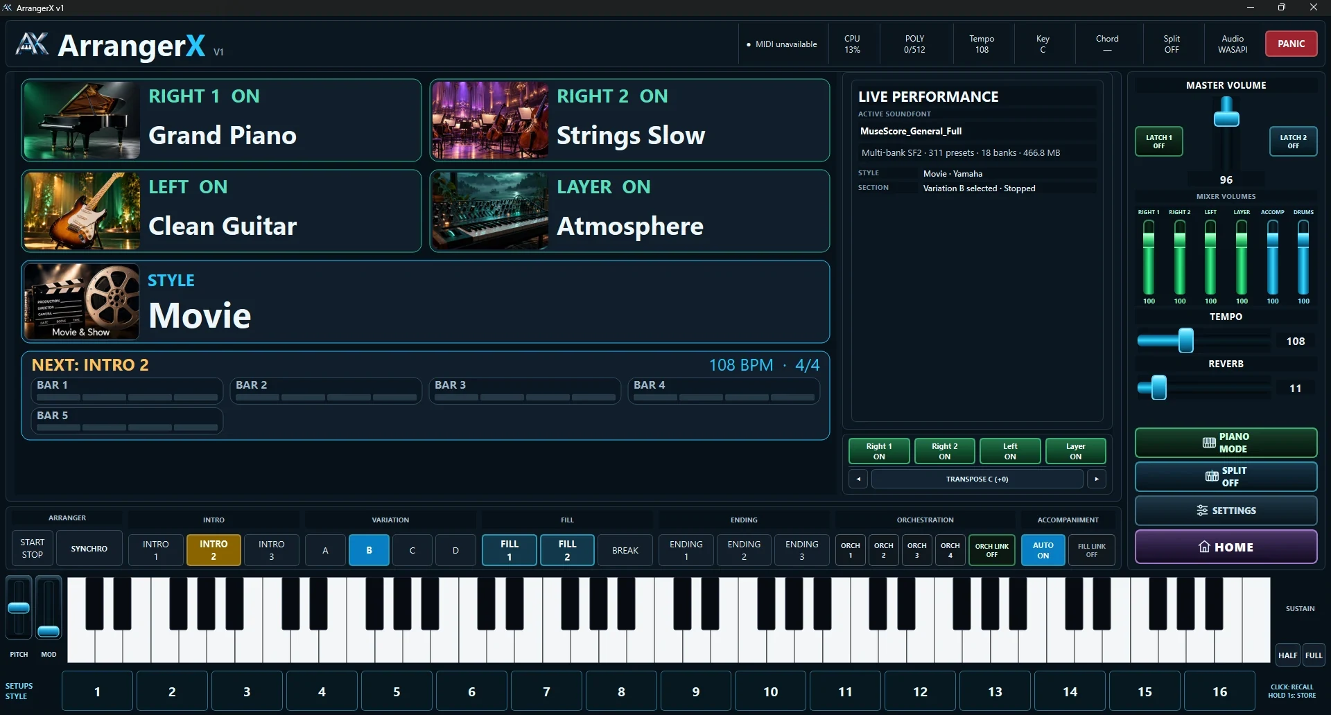 Current ArrangerX V1 performance interface running on Windows