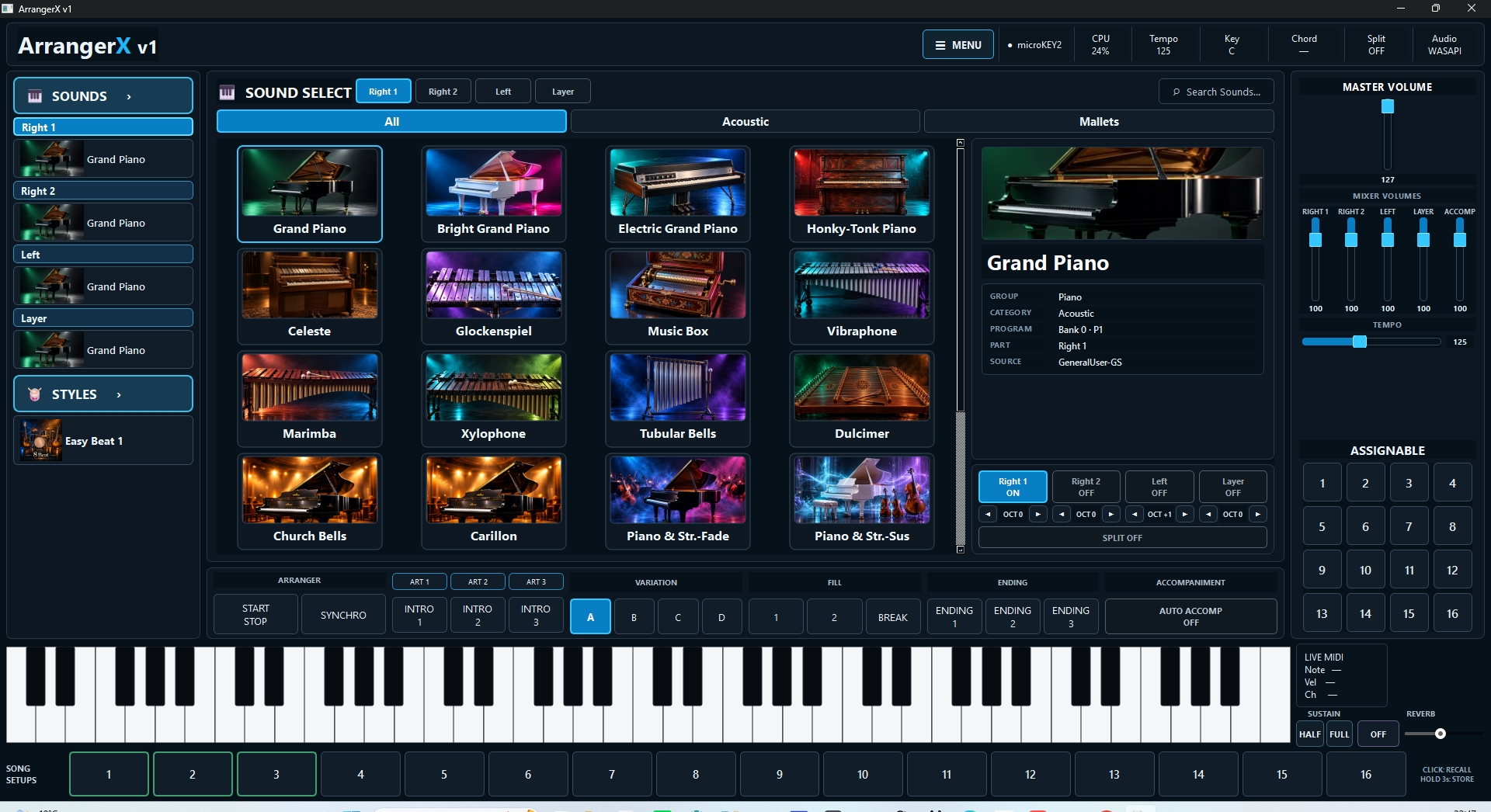 ArrangerX virtual arranger keyboard interface running on Windows