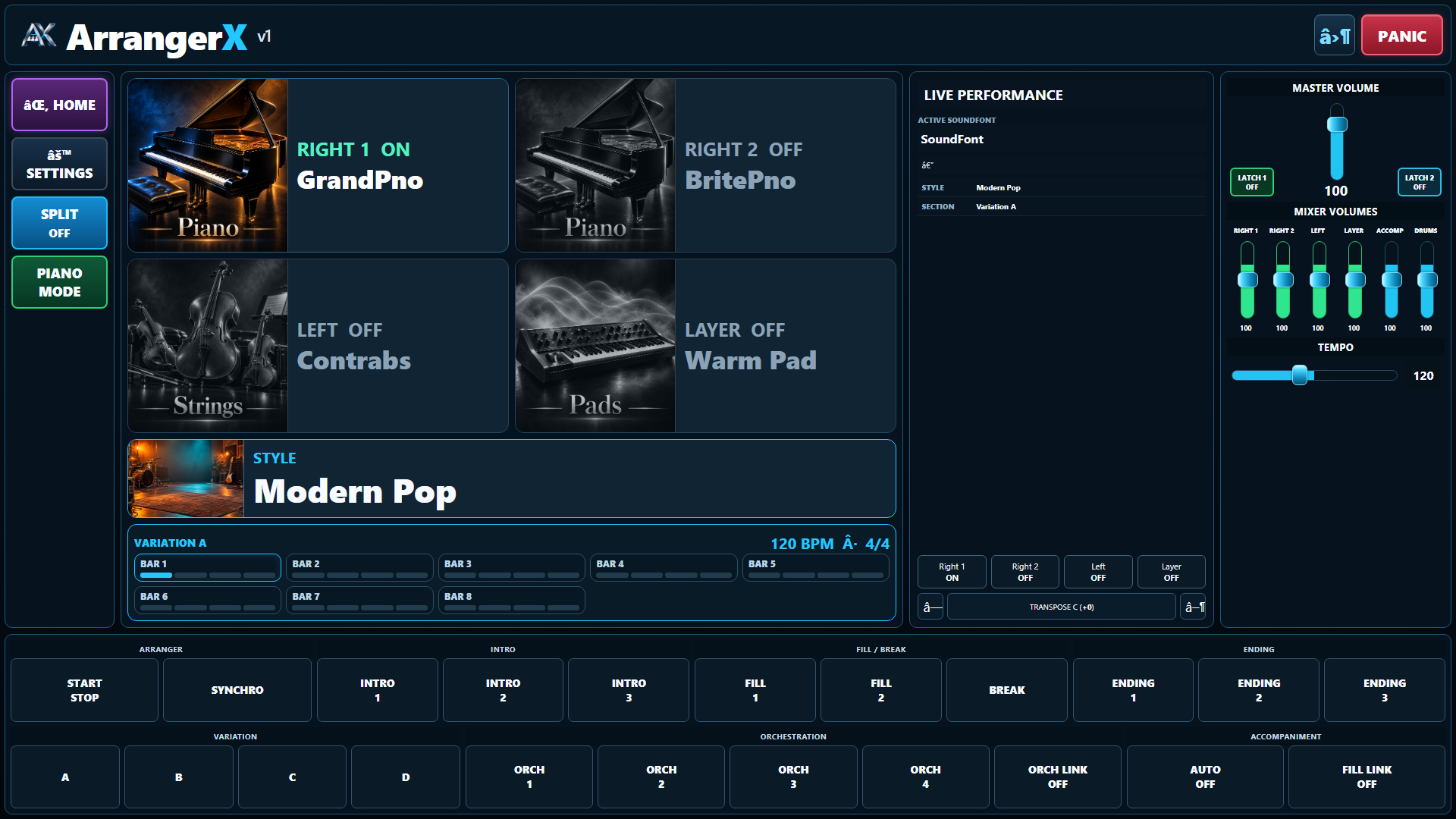 Current ArrangerX tablet control interface with sounds, style, mixer, tempo and arranger performance controls