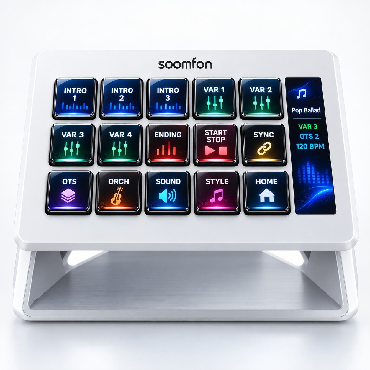 SOOMFON 15-key LCD control deck shown with an ArrangerX live-control skin